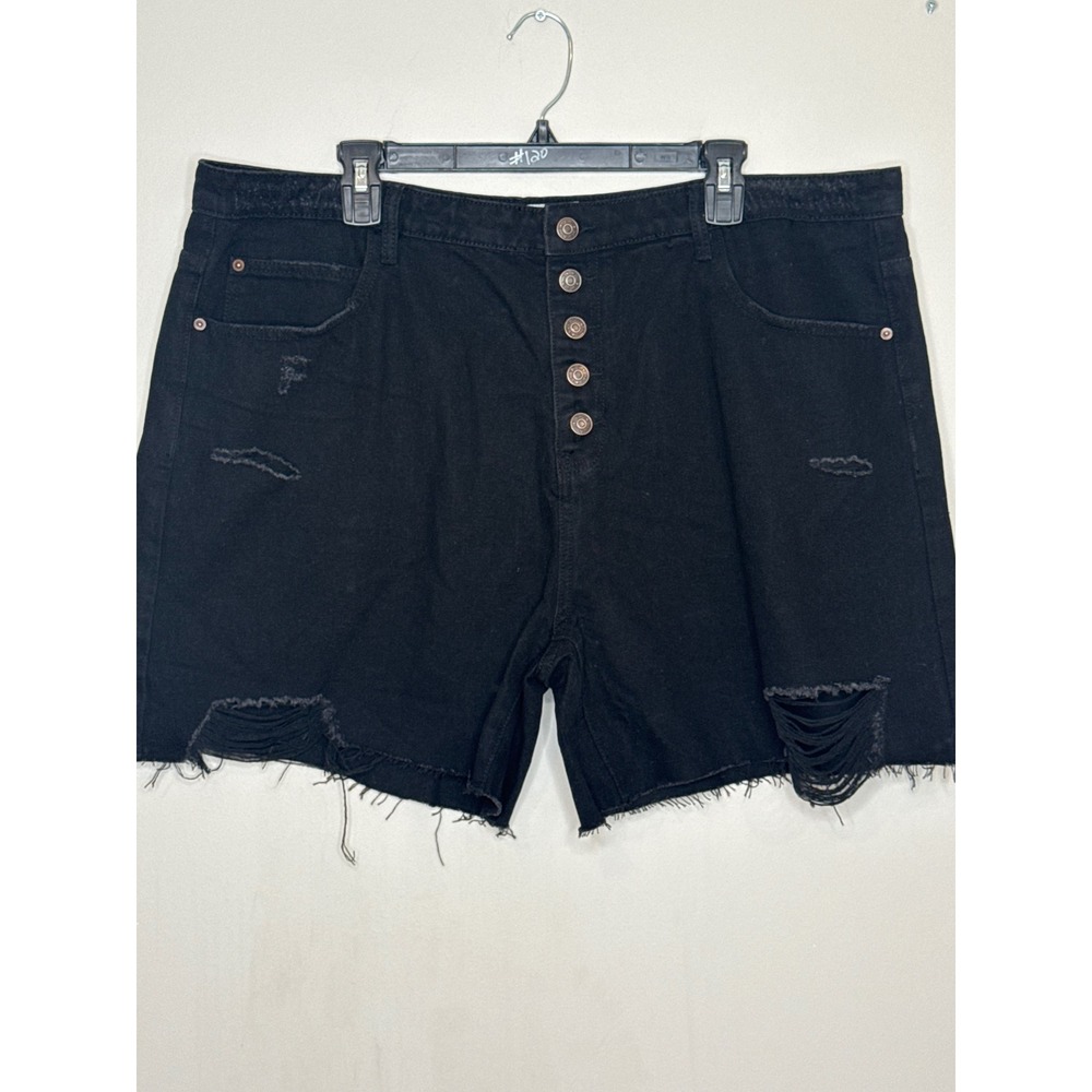 White Birch Black Distressed Denim Shorts Button Fly Raw Hem Plus Size 3XL